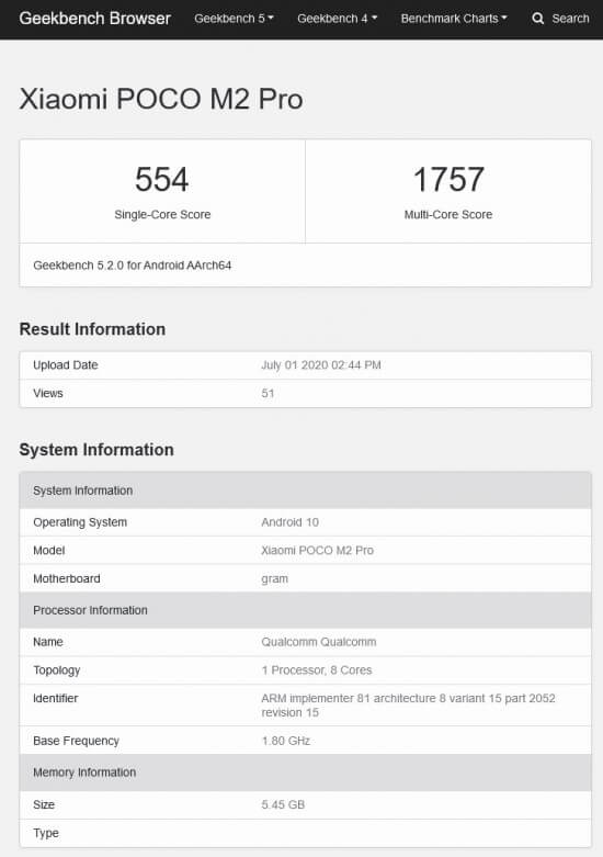 Poco M2 Pro appears in Geekbench with 6GB of RAM and Snapdragon 720