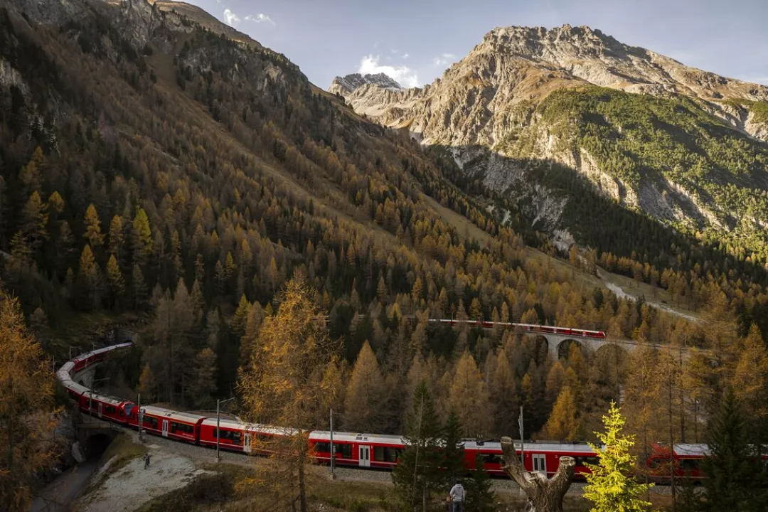 A train of the Rhaetian Railway (RHB) is on its way to set a world record for longest passenger train.Gian Ehrenzeller/Keystone via AP